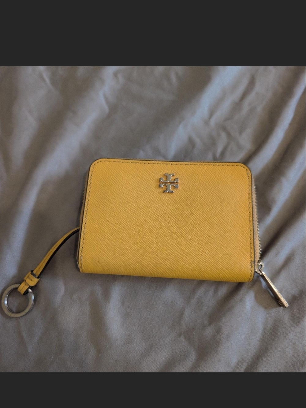 Tory Burch Mustard Yellow Saffiano Zip Wallet with Key Ring